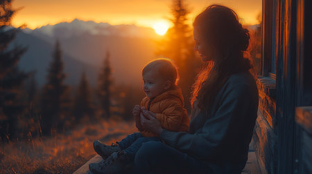 A mother holds her baby on a cabin porch, bathed in the warm glow of a sunset. Mountains and trees form a scenic backdrop, creating a peaceful, intimate scene.の素材