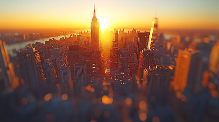 A high-angle view of Manhattan at sunset, with the Empire State Building prominently featured as the sun bursts behind it, casting a warm, golden glow over the cityscape.の素材
