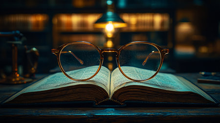 Antique glasses sit atop an open book, illuminated by a warm lamp in a dimly lit library, evoking a sense of nostalgia and intellectual pursuit.の素材
