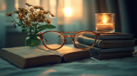 A cozy still life featuring an open book, glasses, a lit candle on stacked books, and a vase of flowers, bathed in the warm glow of a sunset.の素材