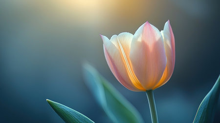 A close-up captures a tulip's delicate petals, illuminated from within, creating a warm glow against a cool blue background. The soft light enhances the flower's translucent beauty.の素材