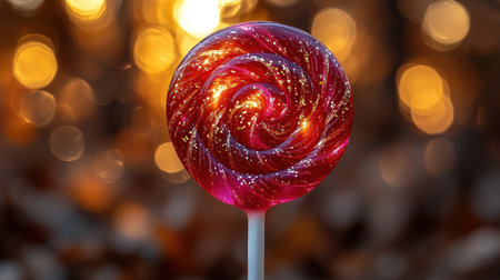 Dazzling red glitter swirl lollipop, translucent and vibrant, glows against a magical bokeh background of warm golden lights, evoking festive sweetness.の素材