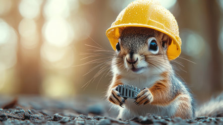 A close-up, eye-level shot of a cute squirrel wearing a yellow hard hat, holding a miniature metal tool, with a soft, bokeh background.の素材