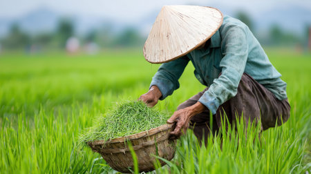 A person in a conical straw hat and worn blue shirt, crouching and holding a woven bamboo basket filled with vibrant green rice seedlings.の素材