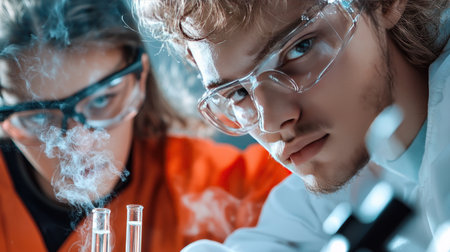 Close-up of a young scientist wearing clear safety goggles, with a serious expression, in a laboratory environment.の素材