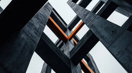 Textured dark grey concrete beams interlock with smooth, vibrant orange wood, forming a complex, modern geometric design.の素材