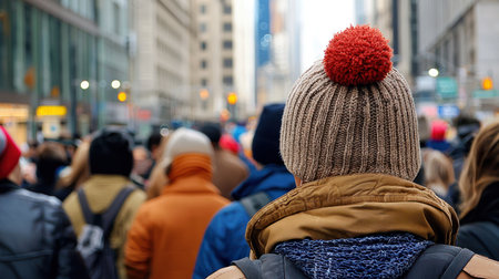Back of a person wearing a beige ribbed knit beanie hat with a fluffy red pompom. A brown winter jacket and blue knitted scarf are also visible.の素材
