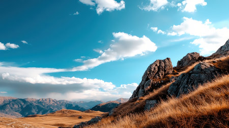 Rugged mountain peaks and slopes covered in textured dark rocks and sun-kissed golden dry grass. A vibrant blue sky with scattered white clouds fills the background.の素材