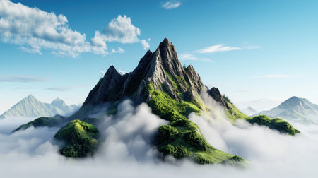 Jagged mountain peaks with textured rock faces, covered in green vegetation, emerging from a sea of white clouds. The scene is bathed in sunlight.の素材