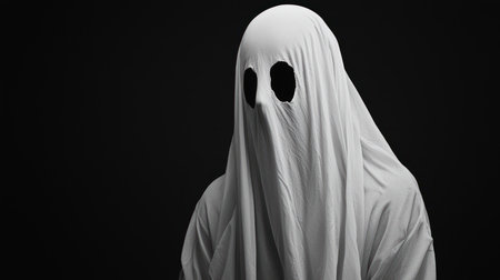 A ghostly figure draped in a white sheet, featuring two dark eye holes. The sheet has visible folds and textures.の素材