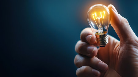 A hand holds a classic incandescent lightbulb, its tungsten filament glowing brightly with a warm orange hue. The clear glass bulb and threaded metal base are visible.の素材