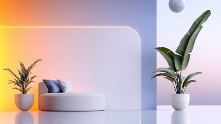 A serene, futuristic interior featuring a round white daybed with pillows, potted plants, and a glowing neon light frame on a reflective floor.の素材