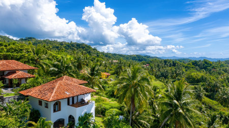 White villa with red tile roof, featuring arched windows and a balcony, nestled amidst dense tropical vegetation and palm trees.の素材