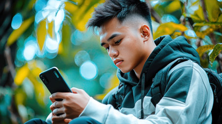 Focused young man in a two-tone hoodie, holding a black smartphone with both hands, looking down intently at the screen.の素材