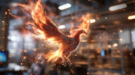 Majestic phoenix, composed of intricate glowing circuit patterns, engulfed in vibrant orange and red flames, with sparkling embers.の素材