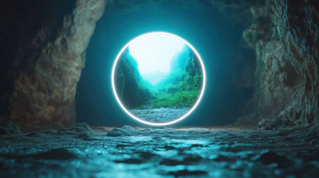 A bright, glowing circular frame reveals a vibrant, misty green jungle valley. Dense foliage covers steep walls, with a rocky path visible.の素材