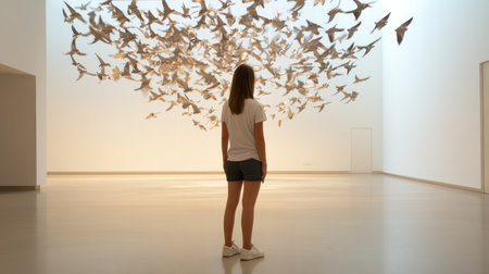 Hundreds of light-toned bird figures, wings spread, suspended in a dense, upward-swirling cluster, depicting collective flight.の素材
