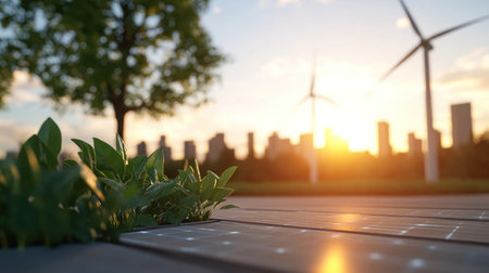 Vibrant green plants with broad leaves emerging from a narrow gap between dark, rectangular solar panels, reflecting a warm, golden glow.の素材