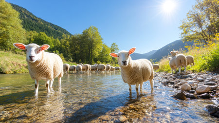 Two fluffy white sheep with thick wool and pink ears stand in clear shallow water, looking forward with calm expressions.の素材
