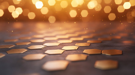 Shiny golden elongated hexagonal tiles scattered on a dark, rough textured floor, illuminated by warm, shimmering golden bokeh lights.の素材