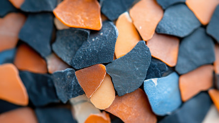 A dense arrangement of small, irregularly shaped, colorful fragments with varied textures, some smooth and polished, others rough and matte.の素材