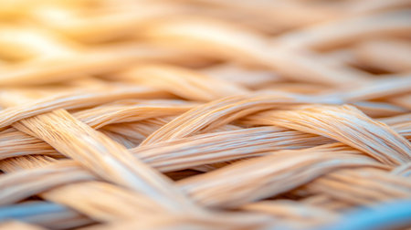 Close-up of natural beige woven texture, featuring tightly interlaced straw-like fibers creating a detailed, rustic surface with warm highlights.の素材