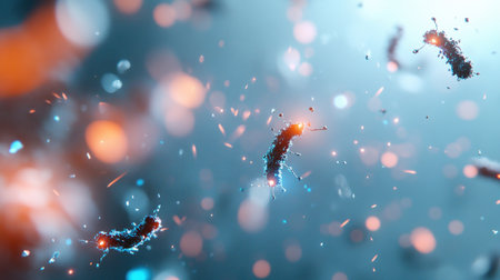 Elongated dark microscopic organisms with granular texture and spiky protrusions, exhibiting vibrant orange and blue glowing highlights, floating.の素材