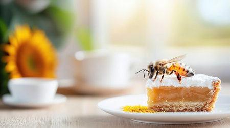Close-up of a furry honeybee with black antennae and legs, resting on a sweet slice of pie featuring a golden filling and white meringue.の素材