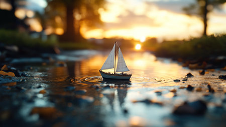 A finely crafted miniature sailboat model, featuring two textured white sails, a light blue hull with wooden accents, floating upright.の素材