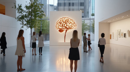 Large, glowing human brain sculpture, intricately formed from a network of warm amber light, showcasing detailed neural pathways and a prominent brain stem.の素材