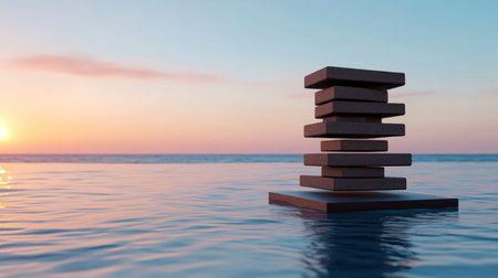 Multiple dark, granular rectangular blocks are stacked vertically, forming an abstract, uneven yet balanced tower. The rough texture is prominent.の素材