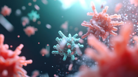 Detailed 3D rendering of spiky, irregular-shaped cellular structures in vibrant red and teal colors, showcasing a distinct granular texture.の素材