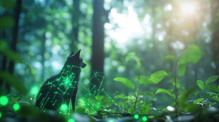 A dark-furred, fox-like animal sits in profile, adorned with bright green glowing digital lines and dots, creating a futuristic, connected appearance.の素材