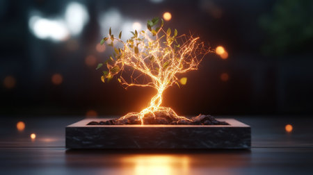 A vibrant, small tree with glowing orange-yellow energy lines forming its intricate branches and roots.の素材