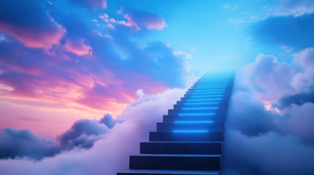 An upward-sloping staircase made of dark, textured concrete, illuminated by vibrant blue neon light strips on every step.の素材