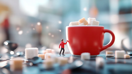 A tiny person in a red jacket stands beside a large red ceramic mug, reaching out to touch it. The mug is overflowing with white and brown sugar cubes.の素材