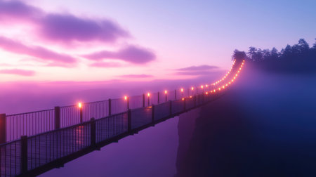 A long, narrow bridge constructed from dark wooden planks and sturdy metal railings, adorned with a series of bright orange glowing lights.の素材