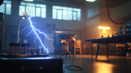 A brilliant blue lightning bolt arcs dynamically from a scientific apparatus, featuring multiple metal rods and electrical connections.の素材