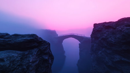 A majestic stone arch bridge with a simple wooden railing connects two dark, rugged rock cliffs over a deep, misty chasm, bathed in vibrant pink and blue light.の素材