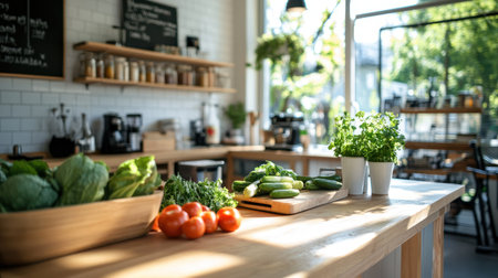 Fresh green lettuce in a wooden bowl, crisp cucumbers on a cutting board, ripe red tomatoes, and vibrant potted herbs on a light wooden surface.の素材