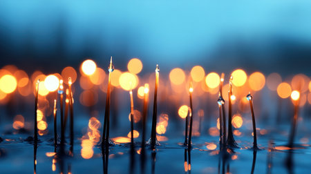 Macro view of dark, slender plant-like structures emerging from a reflective water surface. Each tip holds a clear, spherical water droplet, glistening.の素材