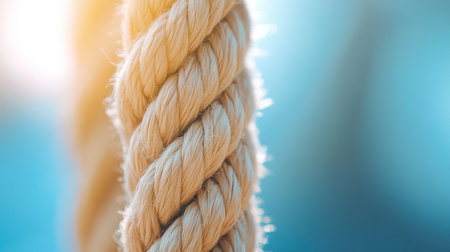 Detailed close-up of a sturdy, light-colored natural fiber rope, showcasing its intricate braided texture and fine strands.の素材