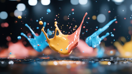 Glossy, vibrant yellow, orange, and blue paint splashes bursting upwards, frozen in dynamic motion with numerous liquid droplets.の素材