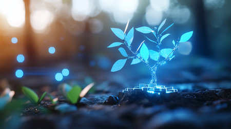 Small blue glowing plant with leaves growing in dark soilの素材