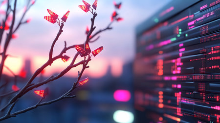A tree branch with red leaves against a blurred cityscape at sunsetの素材