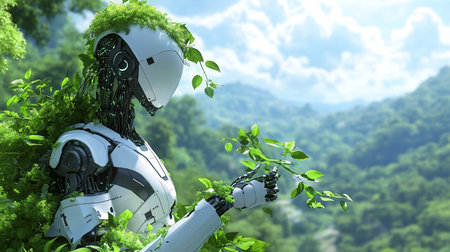 A futuristic robot with green leaves on its head and holding a plant in its hand.の素材