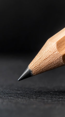 Close-up of a finely sharpened wooden pencil tip, revealing light brown wood grain and dark graphite lead.の素材