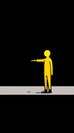 A smooth, solid yellow figure stands upright, right arm extended, index finger pointing left. Distinct black shoes with white laces.の素材