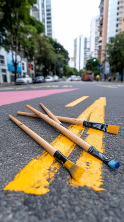 Four art paintbrushes with light wooden handles and black ferrules, featuring yellow and blue bristles, resting on textured asphalt with vibrant yellow paint strokes.の素材