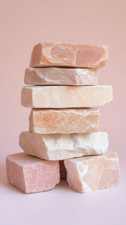 Seven rough-hewn natural stone blocks, varying in pink, peach, and off-white hues, stacked vertically with one block resting at the base.の素材